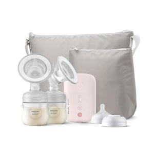 imagePhilips AVENT Double Electric Breast Pump Advanced with Natural Motion Technology with Clear Natural Response Baby Bottles White Pump Gray Bag Pouch and Belt SCF39462Double Electric Breast Pump