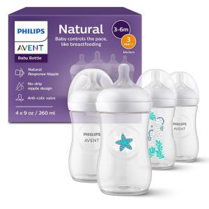 imagePhilips Avent Natural Baby Bottles with Natural Response Nipples Medium Flow Flow 3 with Seahorse and Starfish Design 9oz 4Pack SCY90368Sea Design