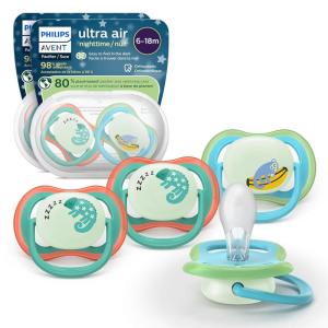 imagePhilips Avent Ultra Air Pacifier  4 x Light Breathable GlowinTheDark Baby Pacifiers for Babies Aged 618 Months BPA Free with Sterilizer Carry Case SCF37608Green