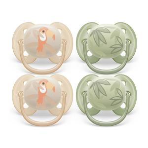 imagePhilips Avent Ultra Soft Pacifier  4 x Soft and Flexible Baby Pacifiers for Babies Aged 06 Months BPA Free with Sterilizer Carry Case SCF09123Toucan  Green Leaves