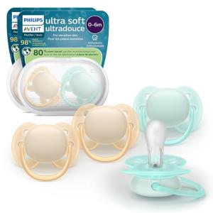 imagePhilips Avent Ultra Soft Pacifier  4 x Soft and Flexible Baby Pacifiers for Babies Aged 06 Months BPA Free with Sterilizer Carry Case SCF09123blue