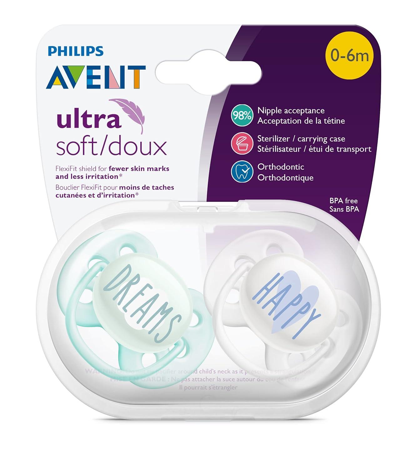 imagePhilips AVENT Ultra Soft Pacifier 06 Months Dreams and Happy Designs 4 Pack WhiteGreen SCF22243DreamsHappy