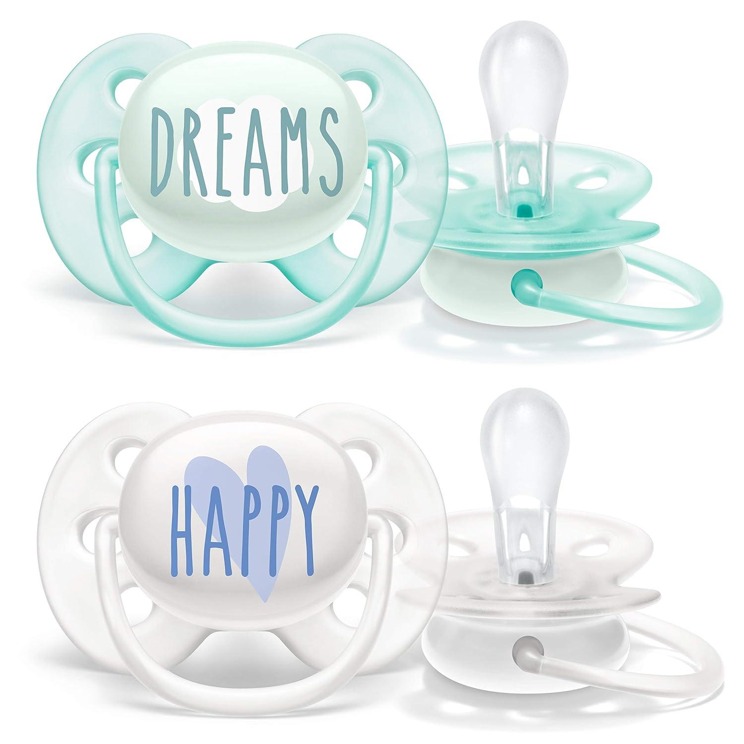 imagePhilips AVENT Ultra Soft Pacifier 06 Months Dreams and Happy Designs 4 Pack WhiteGreen SCF22243DreamsHappy