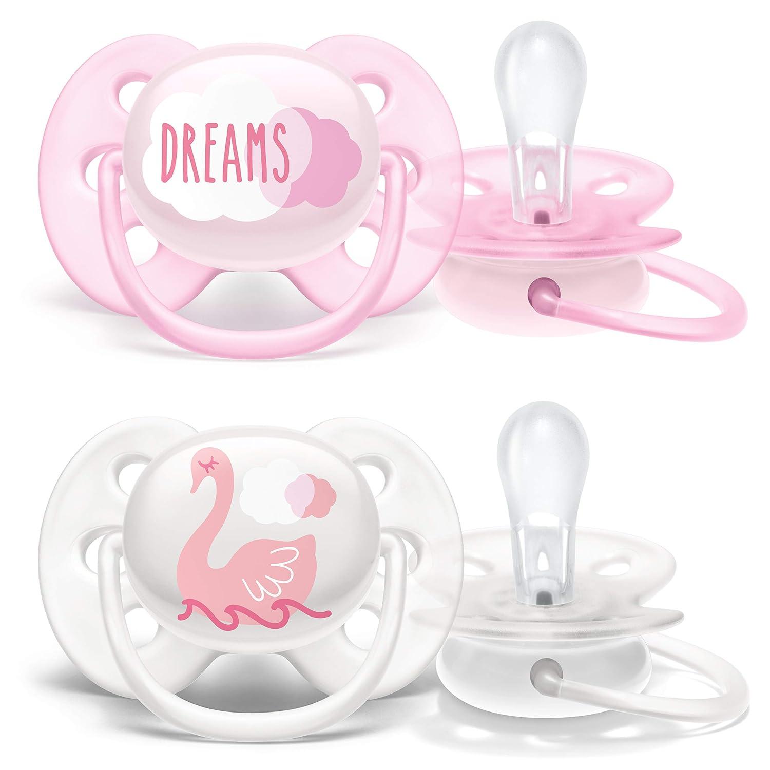 imagePhilips AVENT Ultra Soft Pacifier 06 Months Dreams and Happy Designs 4 Pack WhiteGreen SCF22243DreamsSwans