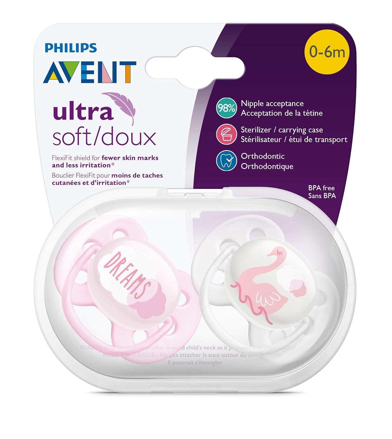 imagePhilips AVENT Ultra Soft Pacifier 06 Months Dreams and Happy Designs 4 Pack WhiteGreen SCF22243DreamsSwans