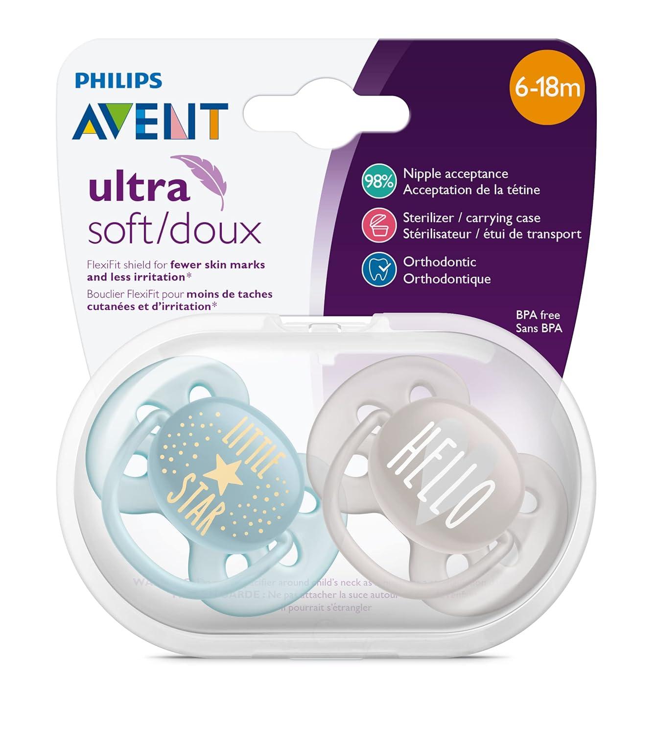 imagePhilips AVENT Ultra Soft Pacifier 06 Months Dreams and Happy Designs 4 Pack WhiteGreen SCF22243Little Star Hello