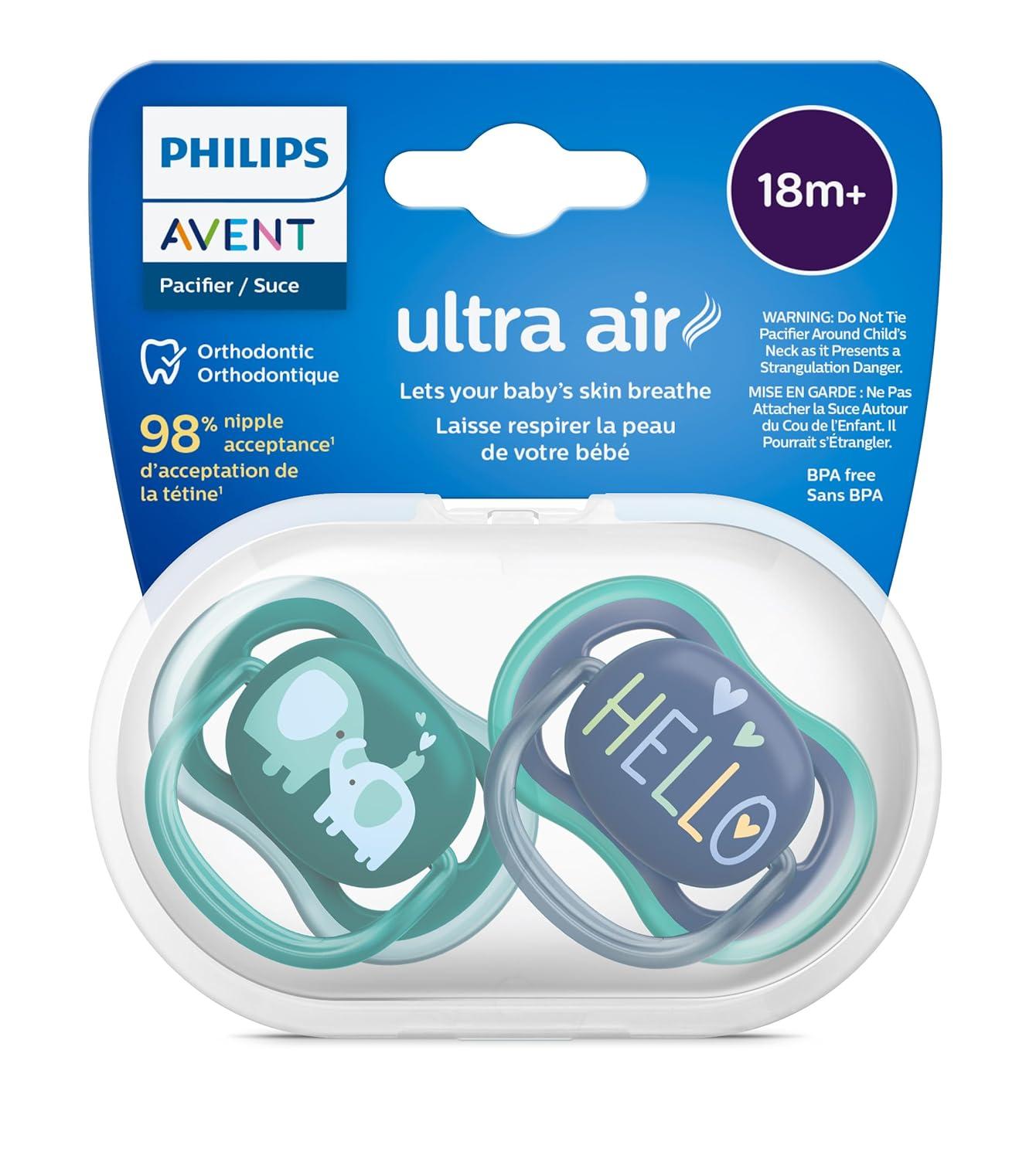 imagePhilips Avent Ultra Air Pacifier  4 x Light Breathable Baby Pacifiers for Babies Aged 18 Months Plus BPA Free with Sterilizer Carry Case Model SCF34925Opal Elephant  Blue Hello