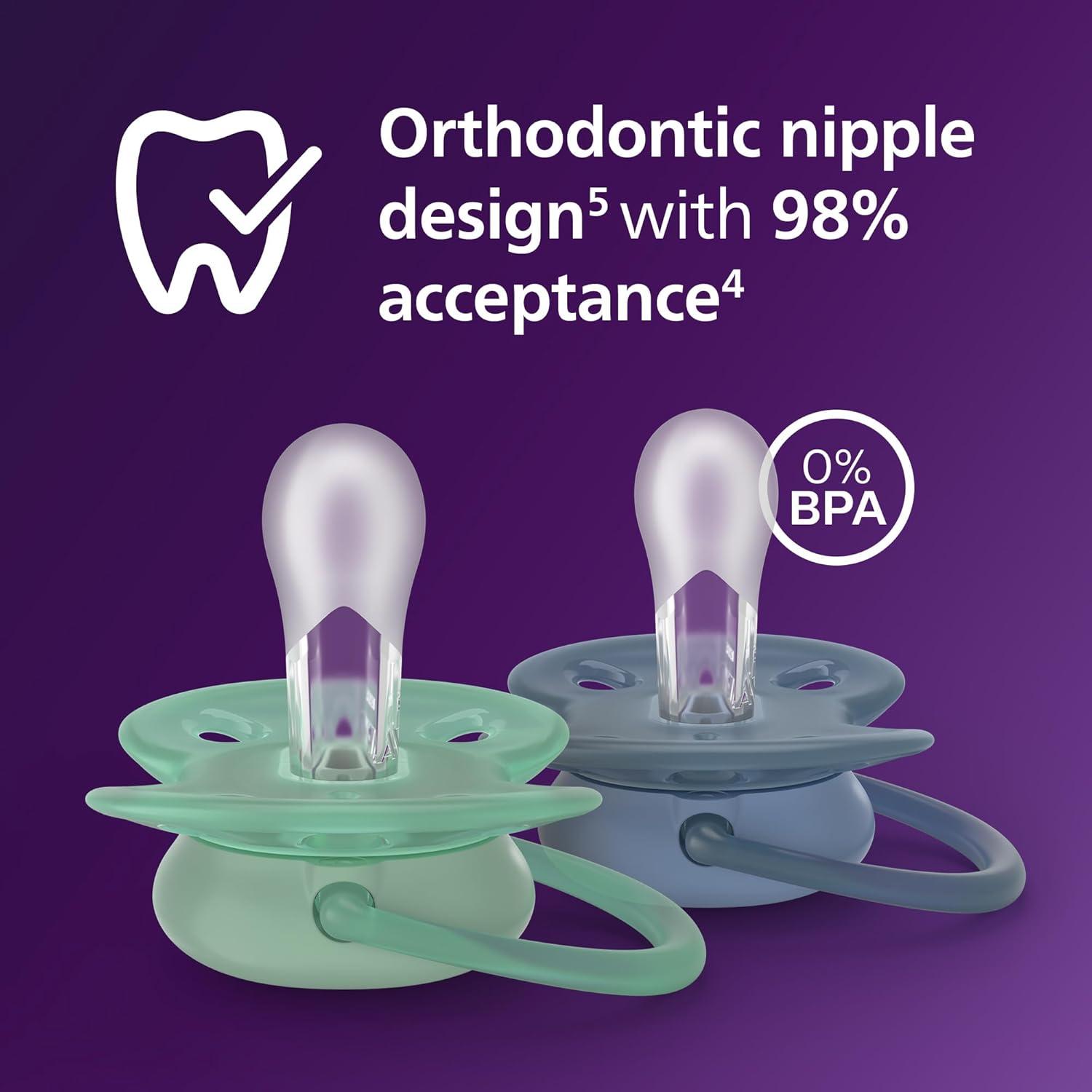 imagePhilips Avent Ultra Soft Pacifiers  Orthodontic Design for Babies 618 Months Flexible Shield Silicone Symmetrical Nipple BPAFree 2 Sterilizing Cases 4 Pack SCF09151blue