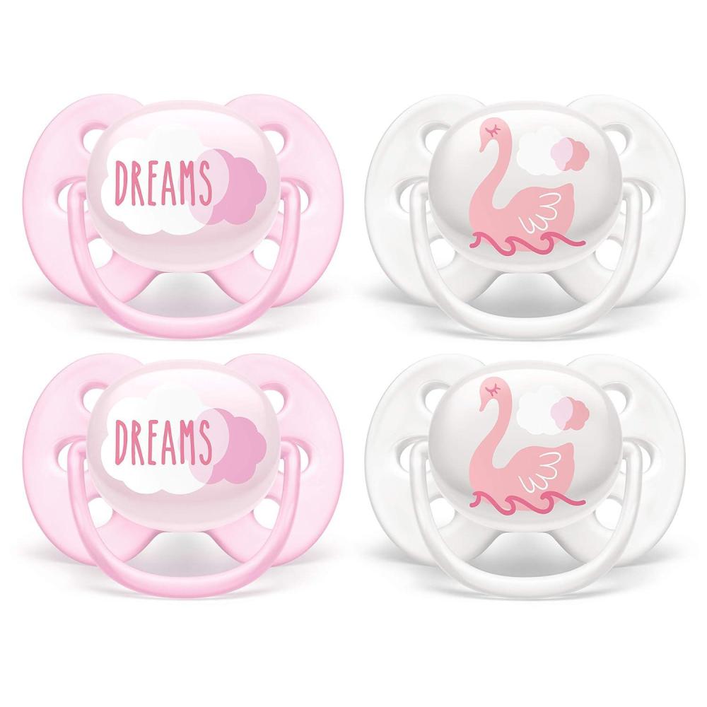 imagePhilips AVENT Ultra Soft Pacifier 06 Months Dreams and Happy Designs 4 Pack WhiteGreen SCF22243DreamsSwans