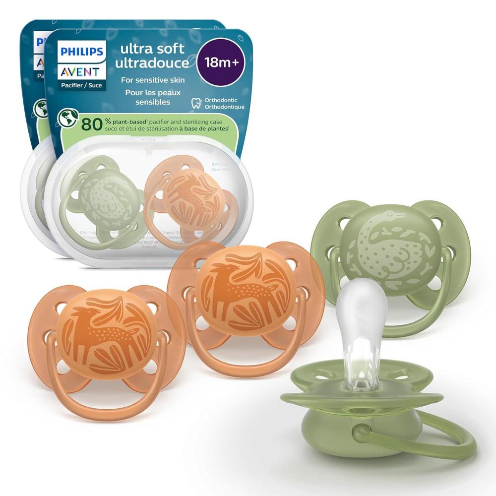imagePhilips Avent Ultra Soft Pacifiers  Orthodontic Design for Babies 18 Months Flexible Shield ExtraFirm Silicone Symmetrical Nipple BPAFree with 2 Sterilizing Cases 4 Pack SCF09307