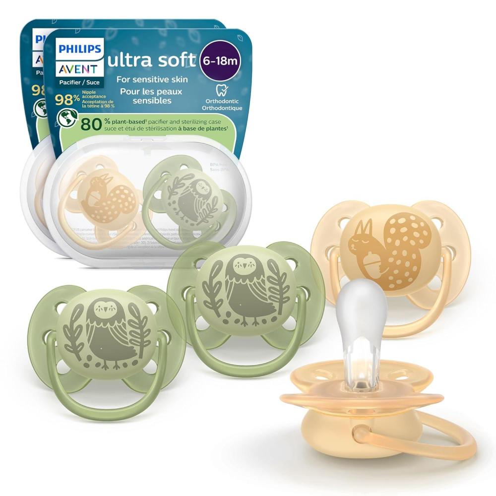 imagePhilips Avent Ultra Soft Pacifiers  Orthodontic Design for Babies 618 Months Flexible Shield Silicone Symmetrical Nipple BPAFree 2 Sterilizing Cases 4 Pack SCF09151beige