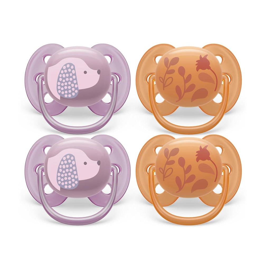 imagePhilips Avent Ultra Soft Pacifiers  Orthodontic Design for Babies 618 Months Flexible Shield Silicone Symmetrical Nipple BPAFree 2 Sterilizing Cases 4 Pack SCF09151Violet Puppy  Orange Leaves