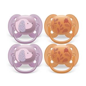 imagePhilips Avent Ultra Soft Pacifiers  Orthodontic Design for Babies 618 Months Flexible Shield Silicone Symmetrical Nipple BPAFree 2 Sterilizing Cases 4 Pack SCF09151Violet Puppy  Orange Leaves