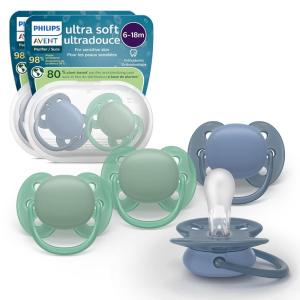 imagePhilips Avent Ultra Soft Pacifier  4 x Soft and Flexible Baby Pacifiers for Babies Aged 618 Months BPA Free with Sterilizer Carry Case SCF09127blue